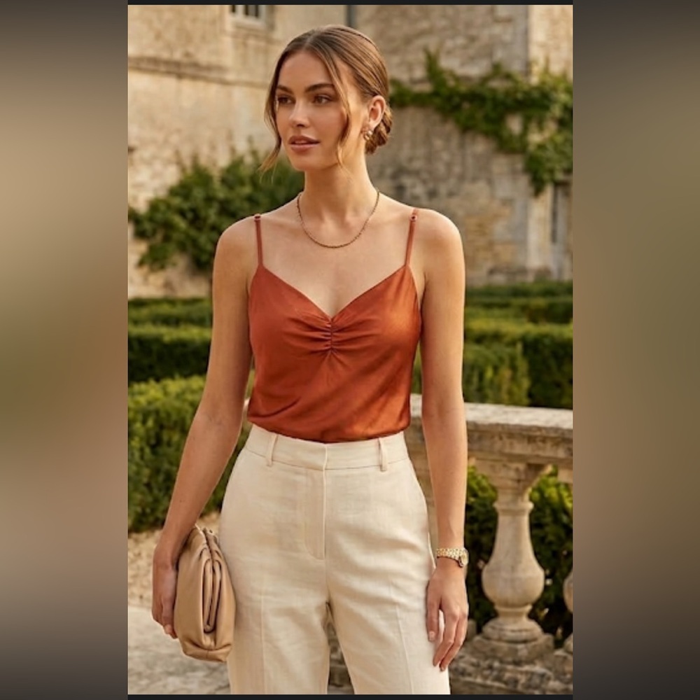 Capulet Rust Satin Ruched V-Neck Camisole Top - Size Small
